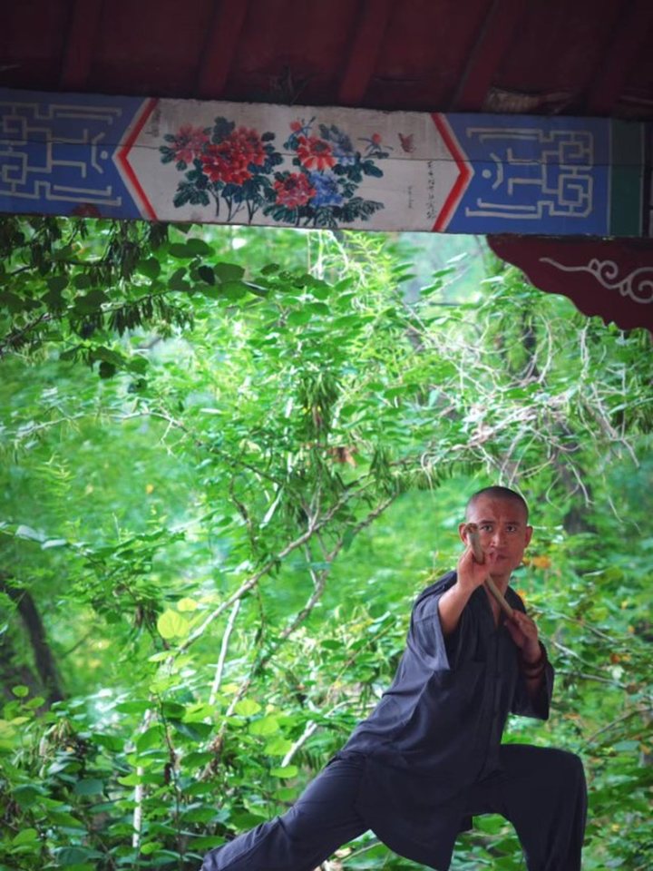 Master training with staff under traditional pavilion